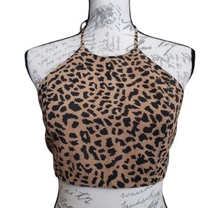 Passport Vintage Y2K Suede Leather Leopard Animal Halter Tie Crop Top Medium